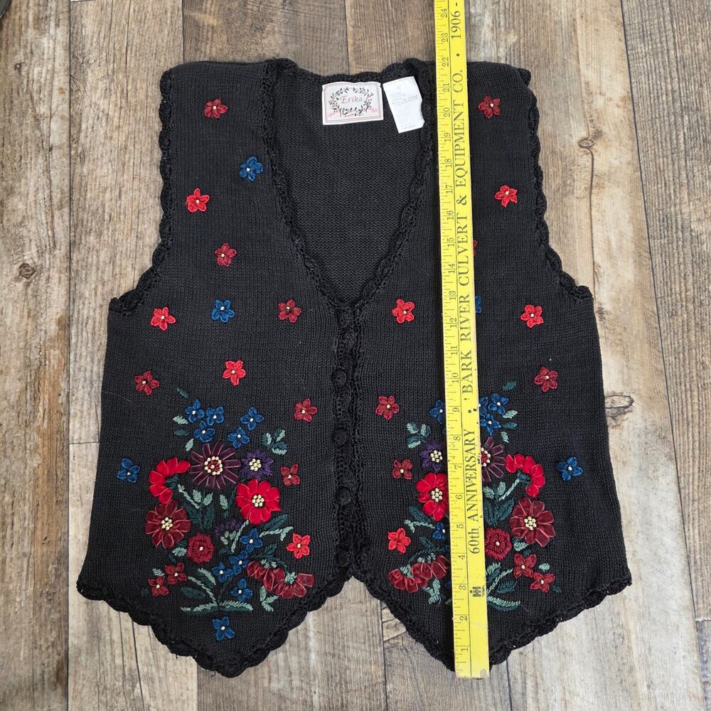 Vintage 90s Floral Ribbon Embroidered Sweater Vest Black Large Ramie Cottagecore - Picture 7 of 8